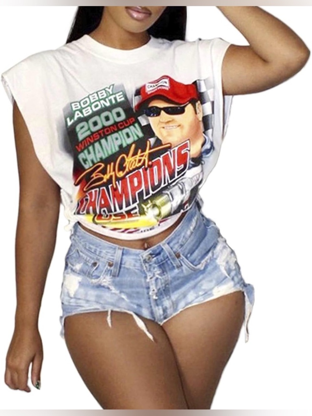 White Graphic Crop Tank Top - Racing Champion Design